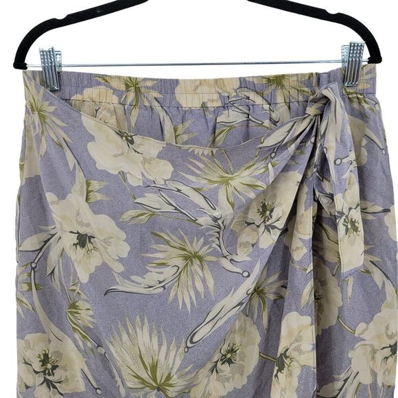 Vintage Silk Faux Wrap Skirt L Lavender Cream Floral Elastic Waist Tea Length - Picture 4 of 8